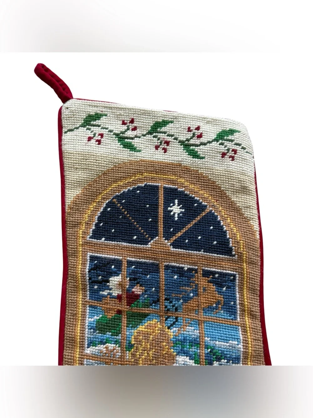 Vintage Wool Needlepoint Christmas Stocking Santa Reindeer Grandmillennial Decor
